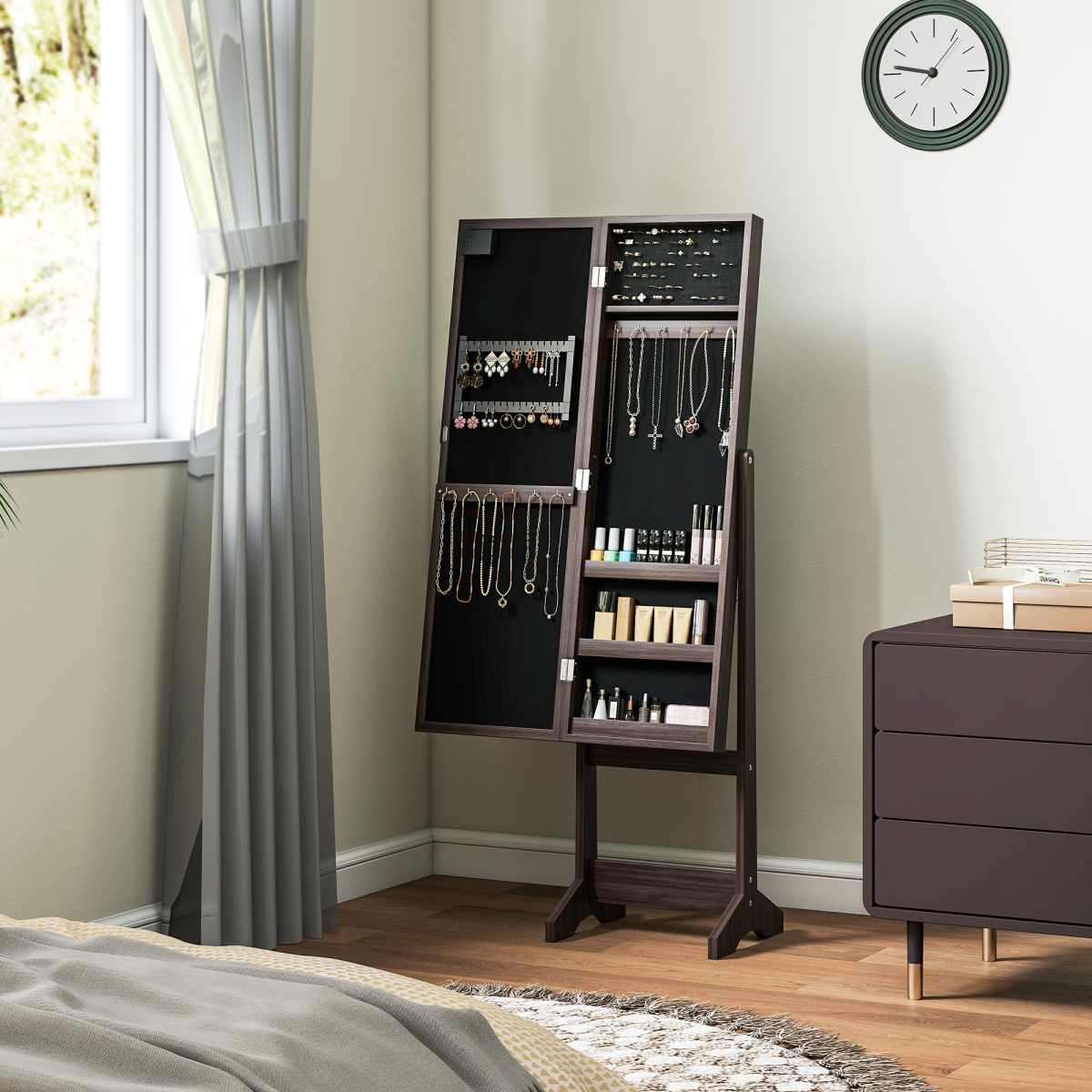 HOMCOM Freestanding LED Mirrored Jewelry Cabinet Dark Brown