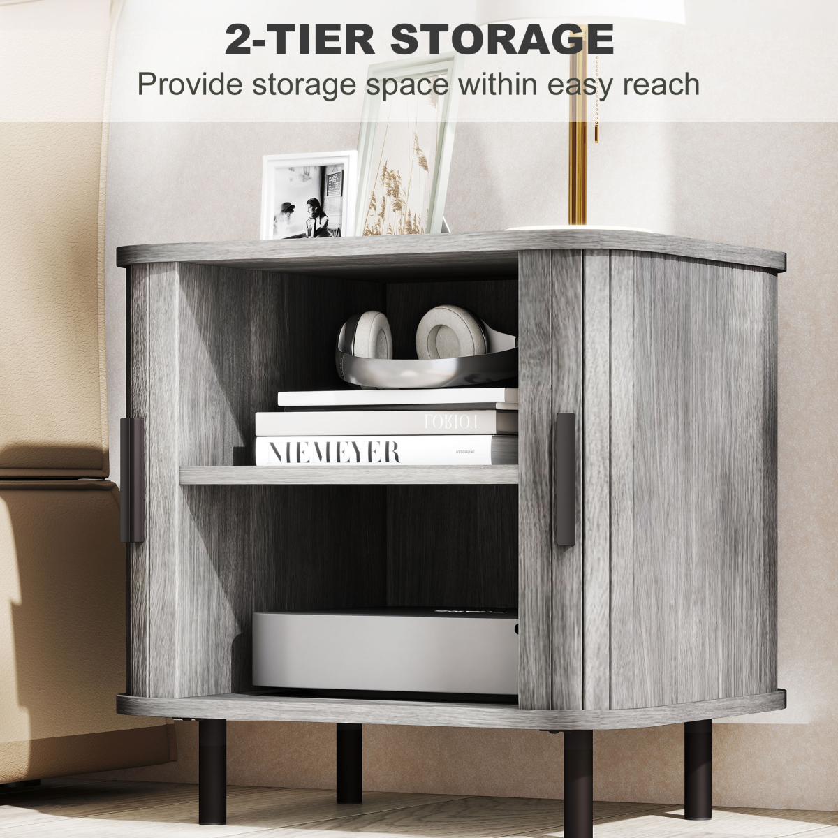 HOMCOM Nightstand with Sliding Doors and Metal Legs for Bedroom Grey