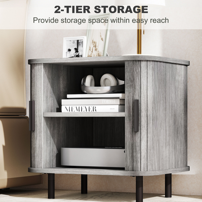 HOMCOM Nightstand with Sliding Doors and Metal Legs for Bedroom Grey
