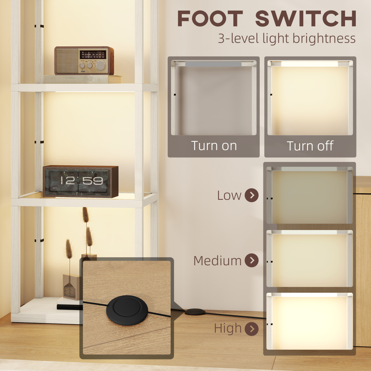 HOMCOM LED Floor Lamp with Glass Shelves, Dimmable Room Lamp