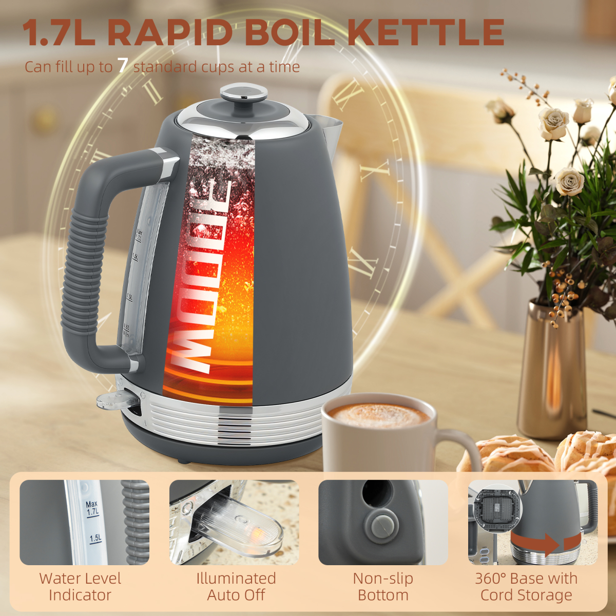 HOMCOM 1.7L 3000W Quick Boil Kettle and 4 Slice Toaster Set Crumb Tray