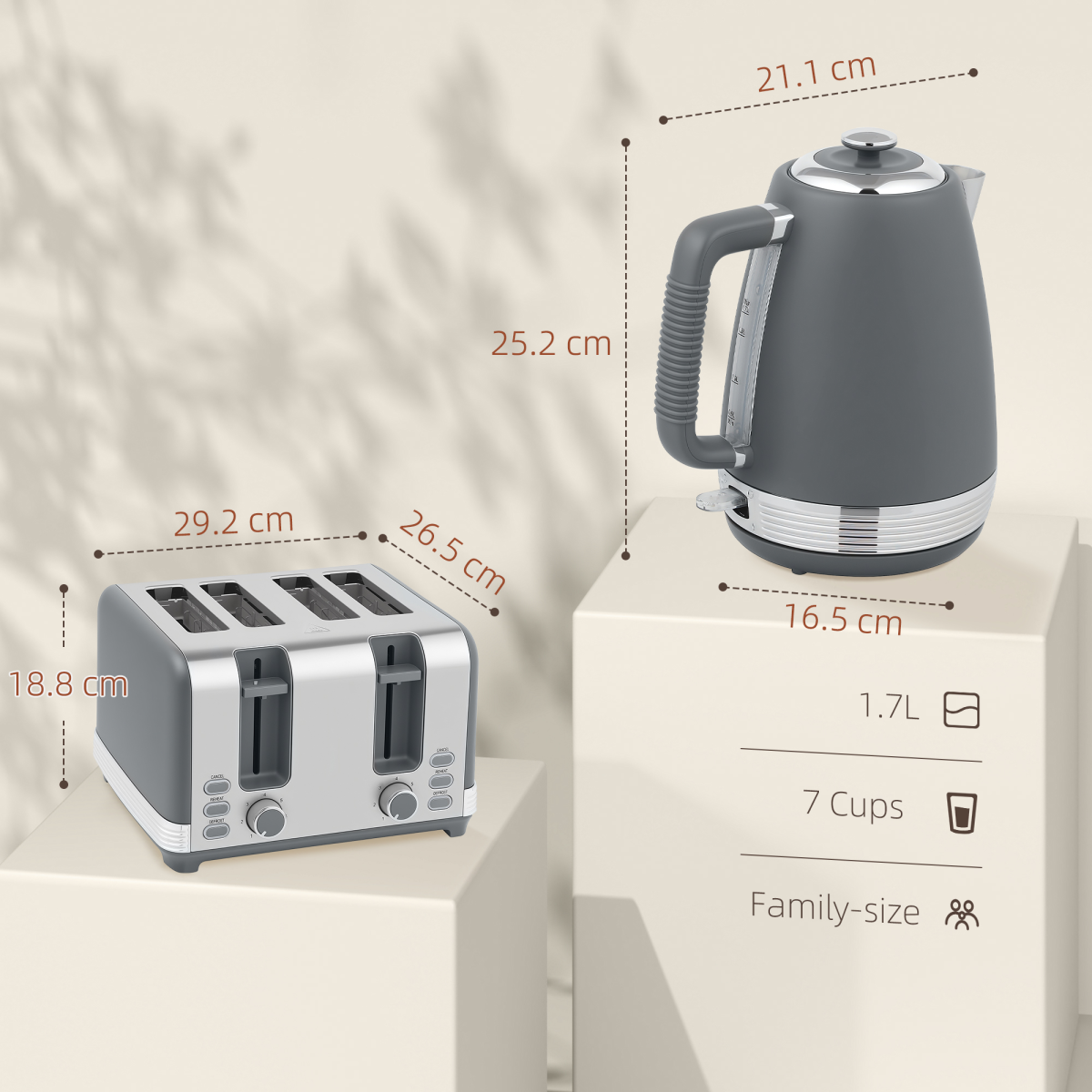 HOMCOM 1.7L 3000W Quick Boil Kettle and 4 Slice Toaster Set Crumb Tray