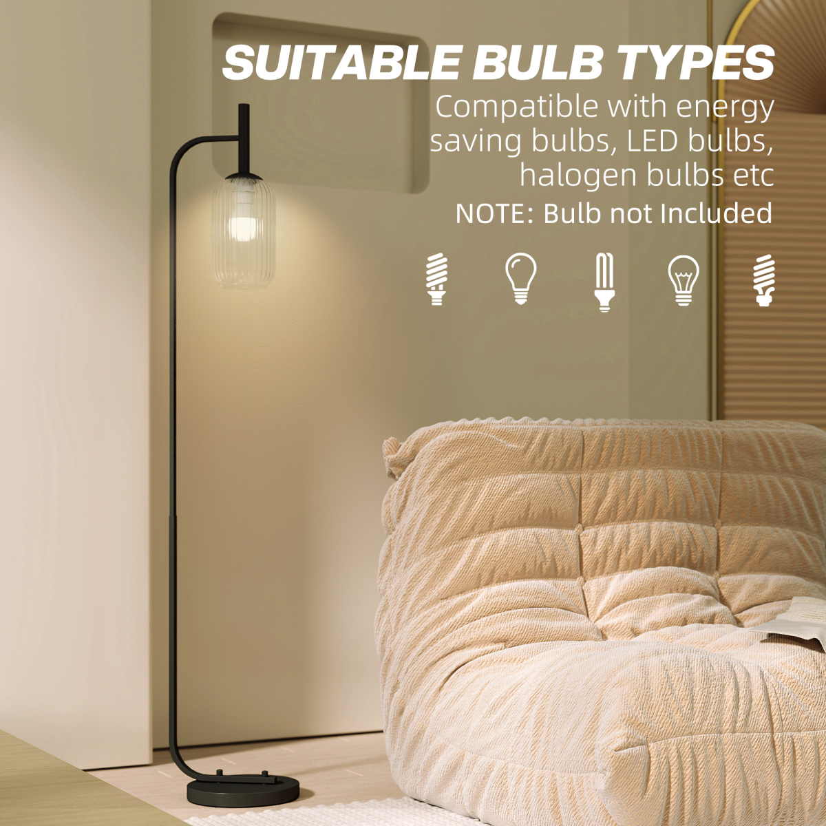 HOMCOM Modern Floor Lamp with Glass Lampshade, Foot Switch for Living Room