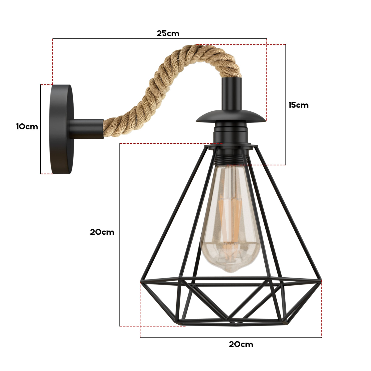 Vintage Hemp Rope Wall Lamp | 20cm Diamond Cage Metal E27 ~6483