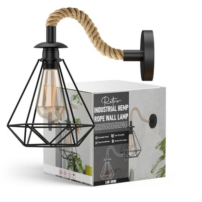 Vintage Hemp Rope Wall Lamp | 20cm Diamond Cage Metal E27 ~6483