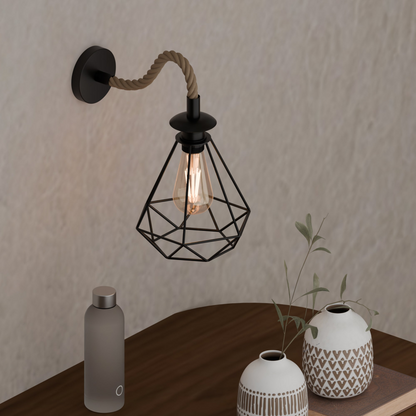 Vintage Hemp Rope Wall Lamp | 20cm Diamond Cage Metal E27 ~6483