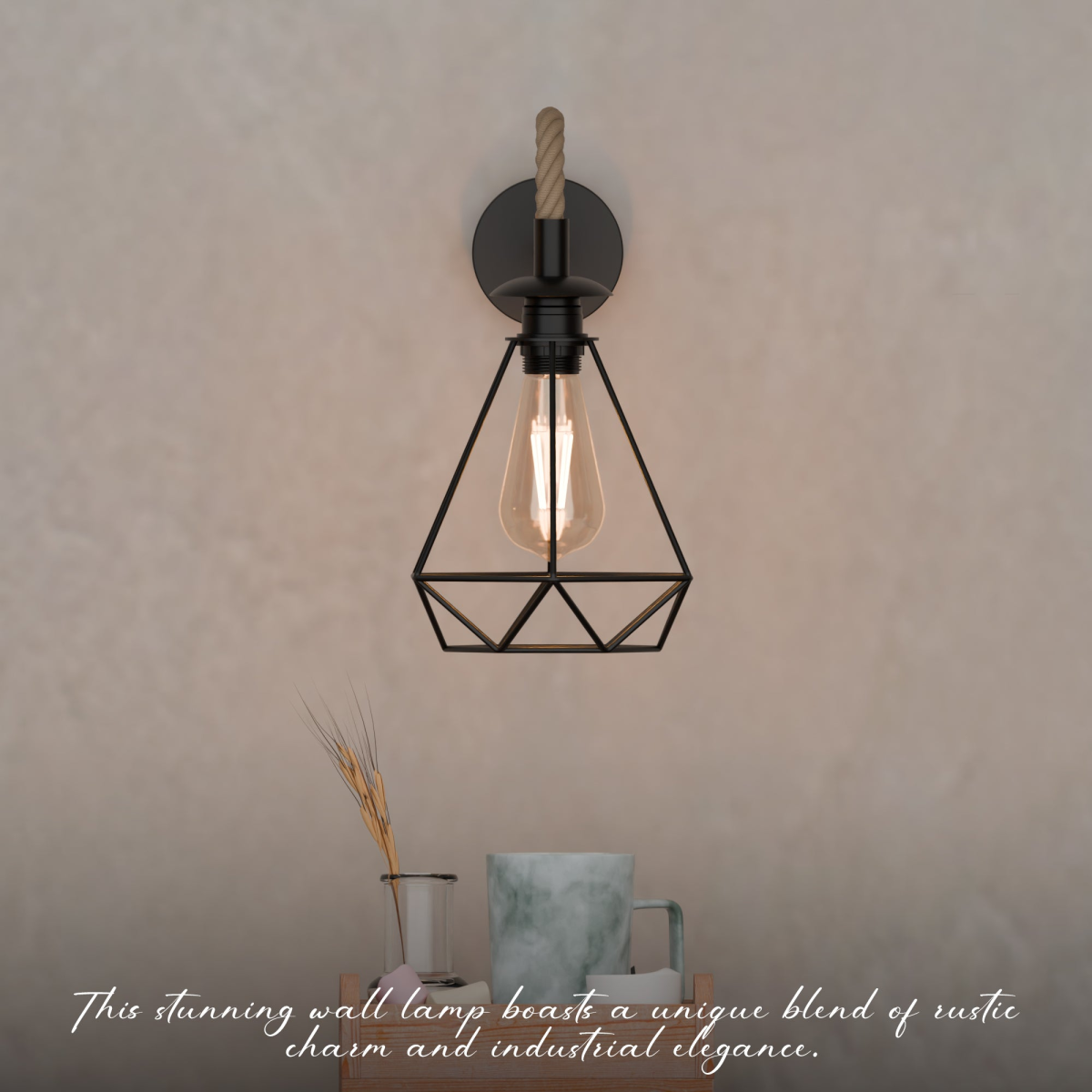 Vintage Hemp Rope Wall Lamp | 20cm Diamond Cage Metal E27 ~6483