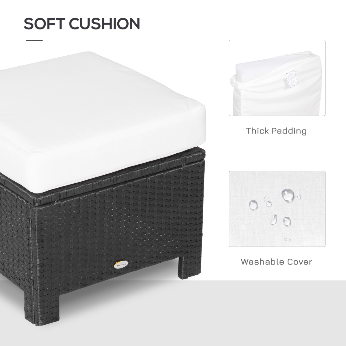 Rattan Footstool Wicker Ottoman with Padded Seat Cushion Furniture 50x50x35 cm