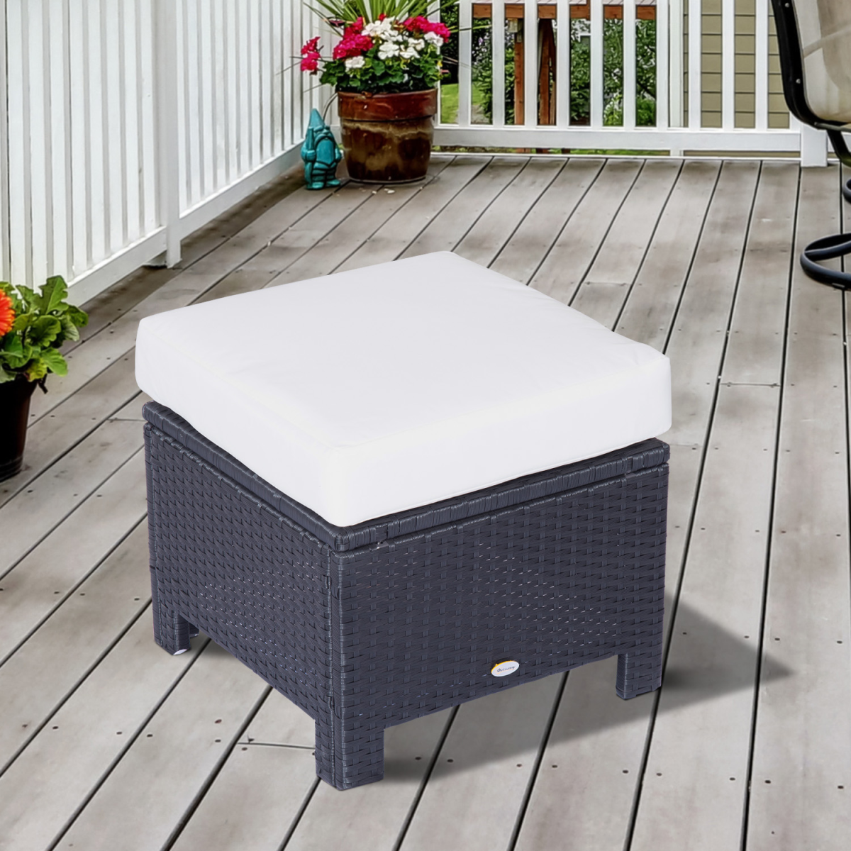 Rattan Footstool Wicker Ottoman with Padded Seat Cushion Furniture 50x50x35 cm