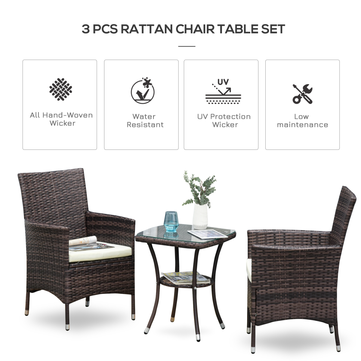 3 Pcs Rattan Bistro Set: 1 x Table, 2 x Chairs