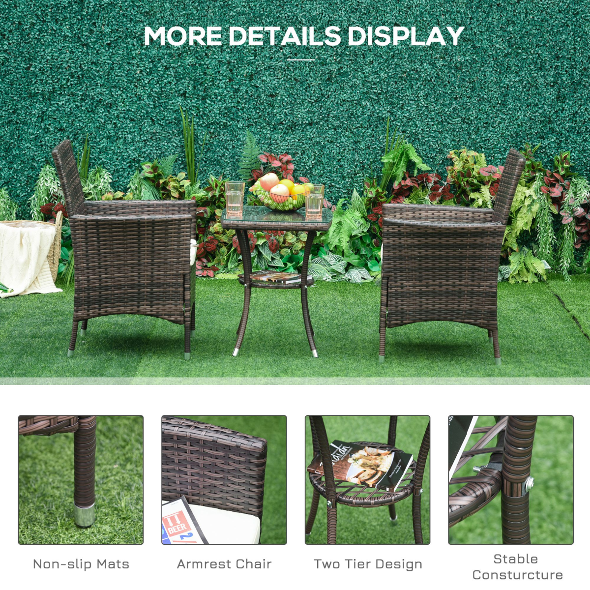 3 Pcs Rattan Bistro Set: 1 x Table, 2 x Chairs
