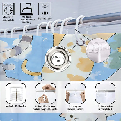 1pc Cute Cartoon Cat Printed Waterproof Shower Curtain Partition Privacy Hanging Curtain with 12 Hooks Multiple Sizes