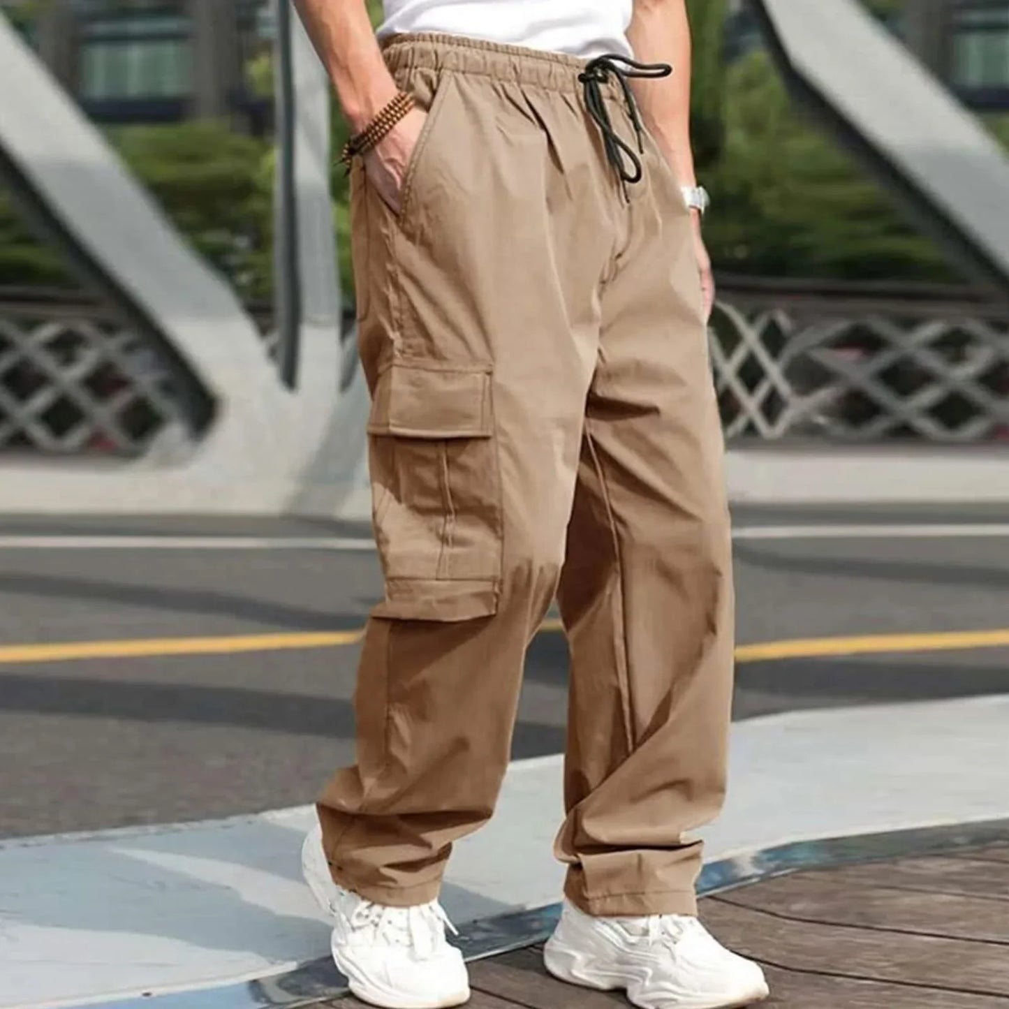 Men Loose Cargo Pants Summer Male High Elastic Waist Zip Pocket Straight Full Trousers BFDZ-A717