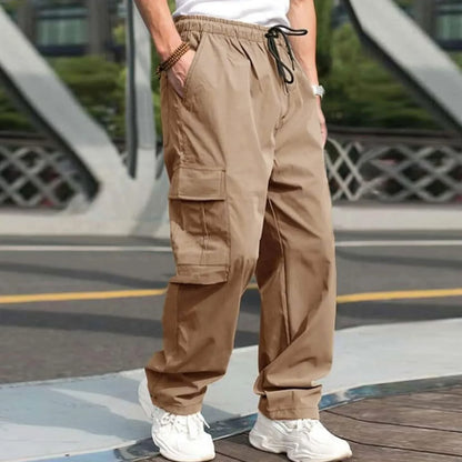 Men Loose Cargo Pants Summer Male High Elastic Waist Zip Pocket Straight Full Trousers BFDZ-A717