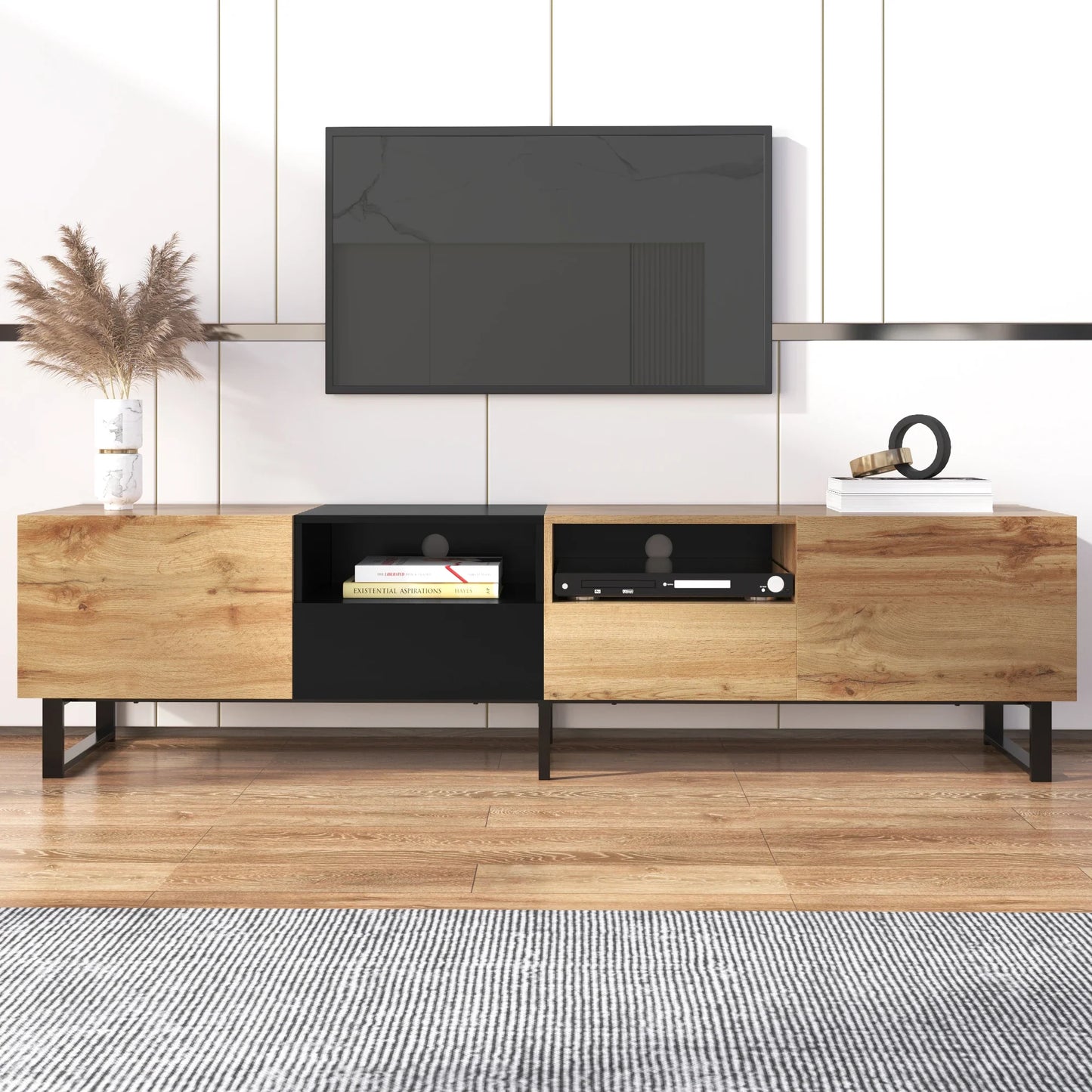 PINGGO Modern Minimalist TV Cabinet Large Capacity Storage Cabinet With Doors And Drawers Wood Grain Design TV Media Console