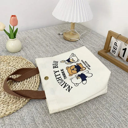 Bear Shape Canvas Tote Bag For Women Cute Mini Handheld Lunch Bag Student School Bag Gift Bag