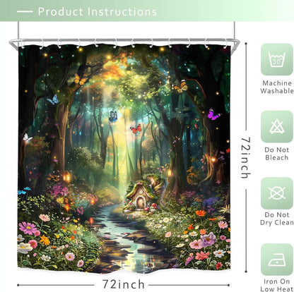 Fantasy Shower Curtain Fairy Beautiful Wonderland Woodland Tree Wildflower Floral Garden Butterfly Plant Tale Nature Bathroom