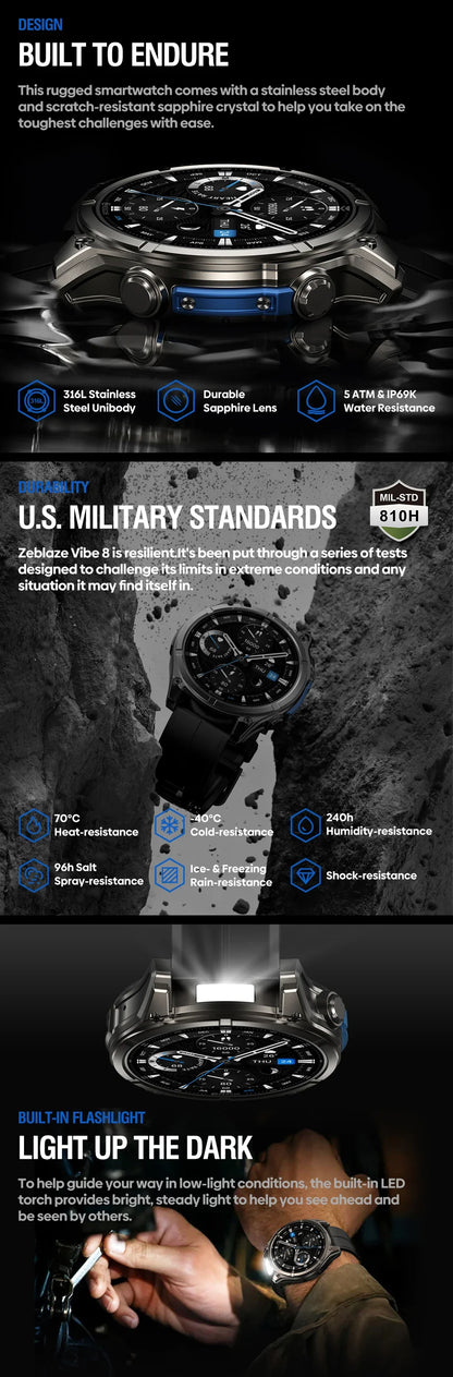 NEW 2025 Zeblaze VIBE 8 Voice Calling 1.43" AMOLED Display Smart Watch Built-in Flashlight Heart Rate Blood Pressure Smart Watch