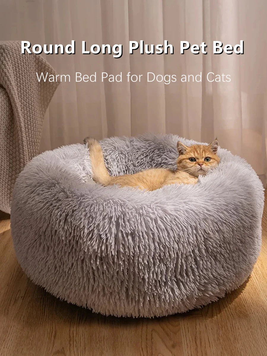 Soft Long Plush Cat House Beds dog Calm Warm Faux Fur Bed Donut Round Comfortable Sleeping Bed Washable for Small Medium Dog Cat
