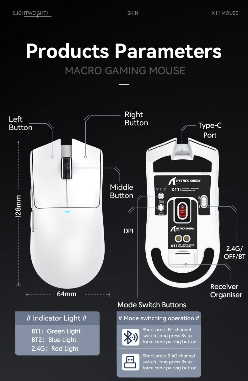 X11 Attack Shark Gaming Mouse Wireless 1K Hz PAW3311 Macro Magnetic RGB Docking Charger for Gaming