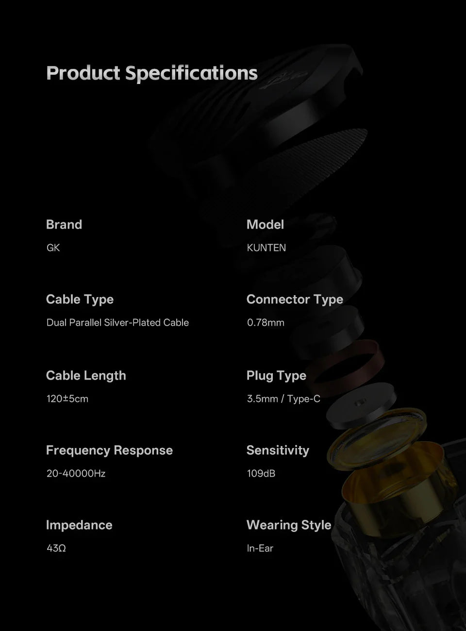 GK KUNTEN Dynamic Drive Heavy Bass Earbuds HIFI Sports Metal Headphones Detachable 2PIN Compatible with KZ Zenith EDX PRO