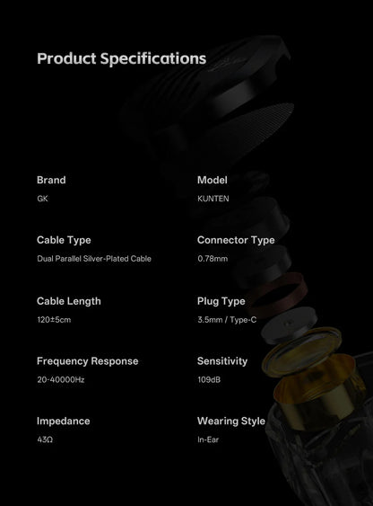 GK KUNTEN Dynamic Drive Heavy Bass Earbuds HIFI Sports Metal Headphones Detachable 2PIN Compatible with KZ Zenith EDX PRO