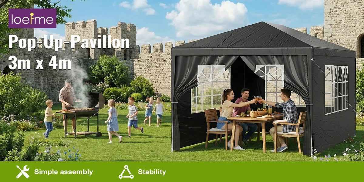 LOEFME 3x4M/3x3M Outdoor Gazebo Tent Outdoor Garden Camping Awning Waterproof Windproof UV Sun Shelter W/ Removable 4 Side Walls