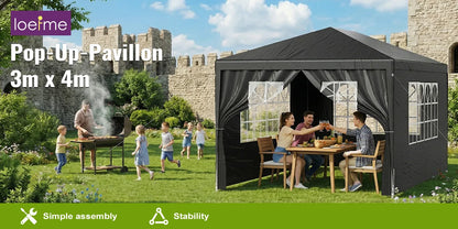 LOEFME 3x4M/3x3M Outdoor Gazebo Tent Outdoor Garden Camping Awning Waterproof Windproof UV Sun Shelter W/ Removable 4 Side Walls
