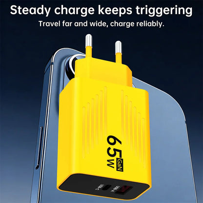 65W GaN USB C Fast Charger PD QC 3.0 Travel Wall Adapter with UK US EU Plug for iPhone Samsung Xiaomi Huawei Mobile Phone