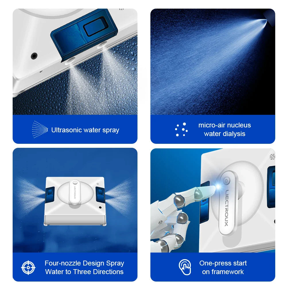 Robot Window Cleaner Liectroux YW509, 4-Way Water Spray,Home Glass Floor Window Robot Vacuum Cleaner,Strong Vacuum,Smart Memory