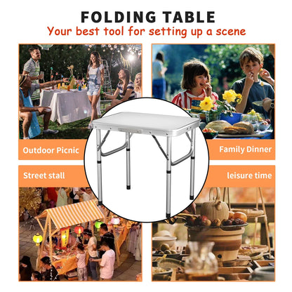 Folding Table 2FT, Portable Adjustable Height Camping Table, For Indoor Outdoor Garden Picnic Dinning BBQ, 60x 45x26/56cm, White