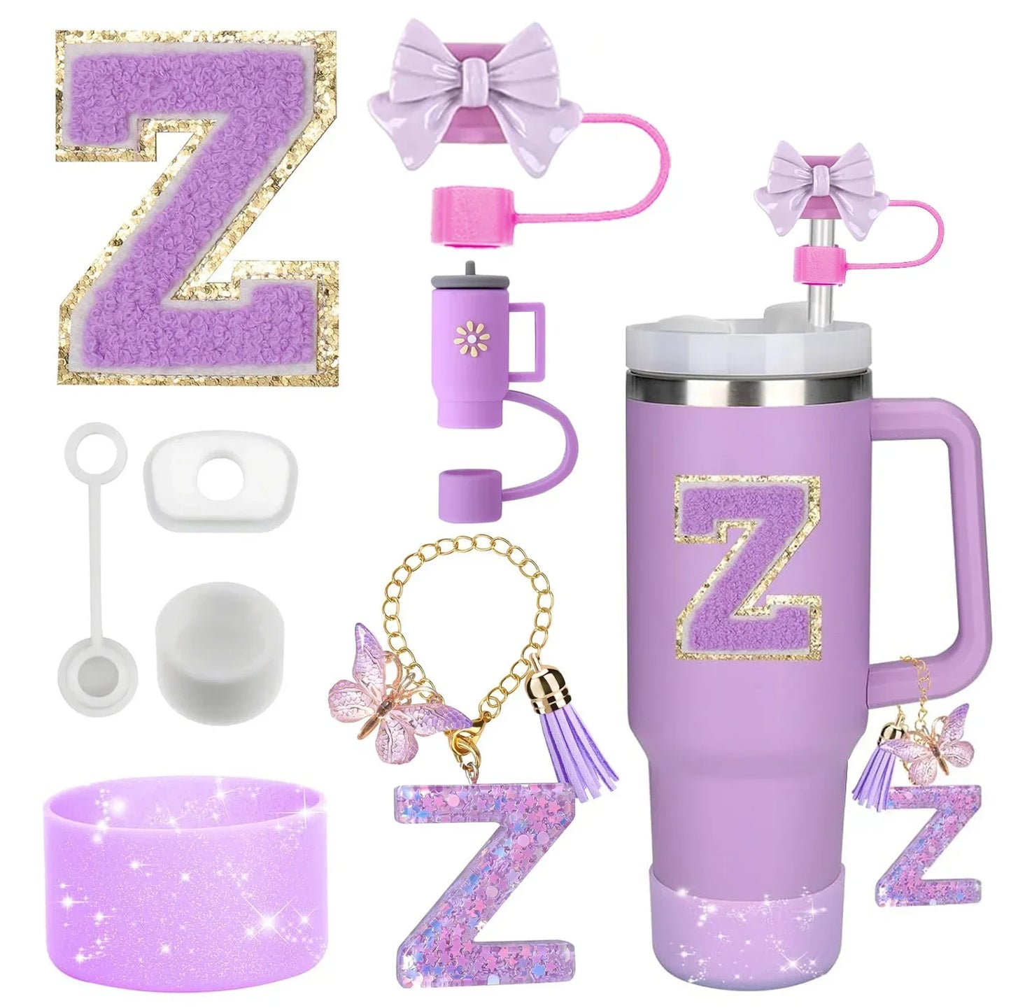 8PCS Accessories Set for Stanley Cup Purple 30oz 40oz tumbler Silicone Straw Topper Cover Cap Boot Handle Charm Initials Sticker