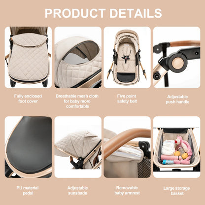 3 in 1 Prams Travel System, Pushchair with Height Adjustable Handle, Travel Pram with Mosquito Net, Baby Stroller with Aluminum