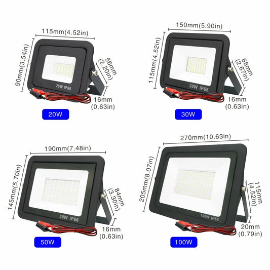DC12V Led Flood Light 20W 30W 50W 100W Outdoor Floodlight Spotlight IP66 Waterproof Light Reflector Portable 12 Volt Led Lights