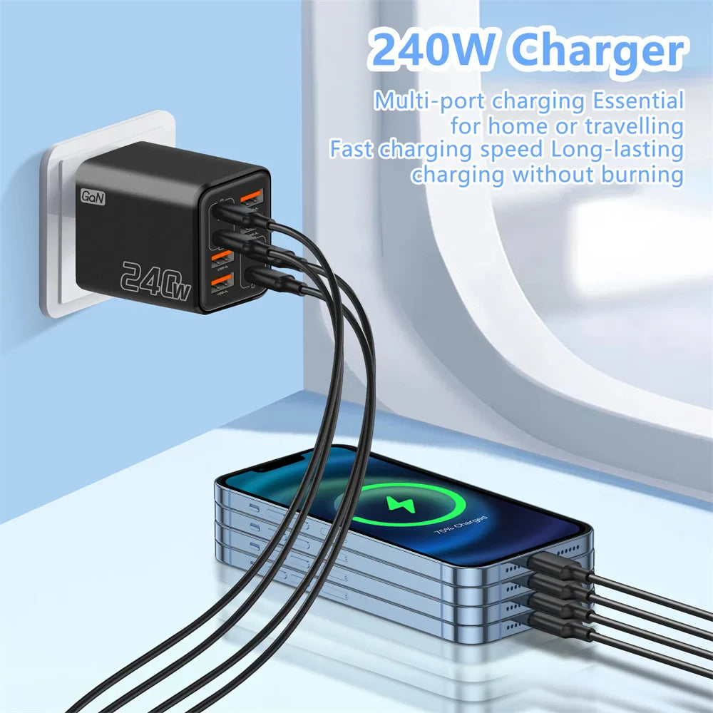 240W 8 in 1 USB C GaN Charger Fast Charging Phone Charger Power Adapter For iPhone Samsung Xiaomi EU/US/UK Plug Travel Charger