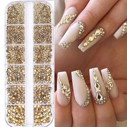 2400pcs+ Shiny Clear Crystal Gems Nail Rhinestones 1.5-4mm Mixed Round Glass Stone Flatback Nail Charms 12grids Nail Diamond DIY