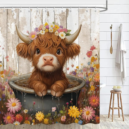 Cute Highland Cow Shower Curtain for Bathroom, Farmhouse Rustic Cow Animal Bathing in Bathtub Shower Curtains Decor Set