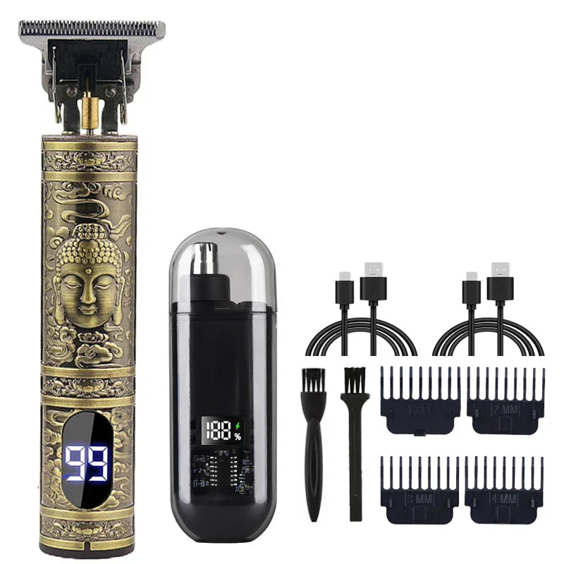 T9 Vintage Men's Electric Hair Clipper Beard Trimmer/Rechargeable Hair Cutting Machine With Nose Hair Trimmer Kit Boyfriend Gift