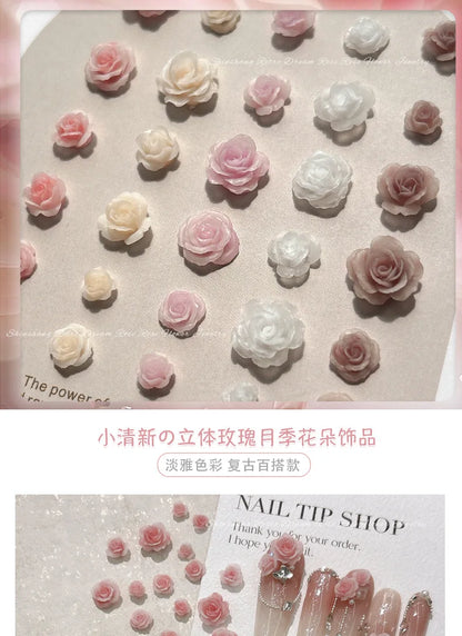 50PCS 3D Mix Sizes Beautiful Blossoming Rose Flowers Resin Adhesive Nail Art Rhinestones Decorations Manicure Kawaii Charms