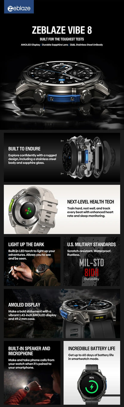 NEW 2025 Zeblaze VIBE 8 Voice Calling 1.43" AMOLED Display Smart Watch Built-in Flashlight Heart Rate Blood Pressure Smart Watch
