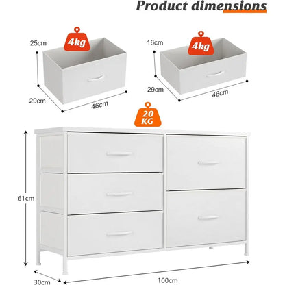 5 Drawer Bedroom Chest with Storage, Wooden Top, Steel Handles, White, 30 x 100 x 61