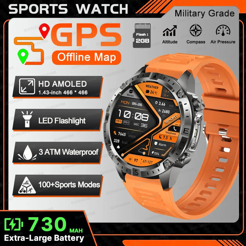 New TANK Military GPS Offline Map Smart Watch 730mAh 3 ATM Waterproof Sports Compass Heart Rate 2GB HD Bluetooth Call SmartWatch