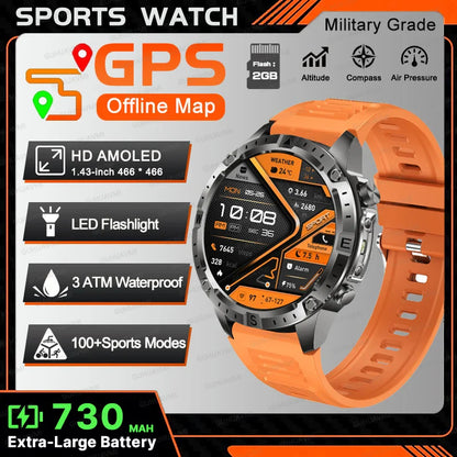 New TANK Military GPS Offline Map Smart Watch 730mAh 3 ATM Waterproof Sports Compass Heart Rate 2GB HD Bluetooth Call SmartWatch