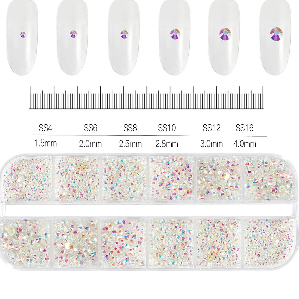 2400pcs+ Shiny Clear Crystal Gems Nail Rhinestones 1.5-4mm Mixed Round Glass Stone Flatback Nail Charms 12grids Nail Diamond DIY