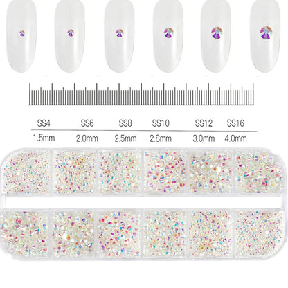 2400pcs+ Shiny Clear Crystal Gems Nail Rhinestones 1.5-4mm Mixed Round Glass Stone Flatback Nail Charms 12grids Nail Diamond DIY
