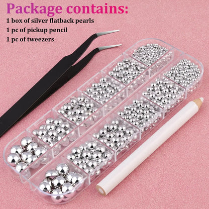 12Grid Shiny Silver Half Round Metal Caviar Bead Nail Rivets Charms 2/3/4/5/6/8mm Flatback Pearl Balls Nail Art Studs Y2k Decora