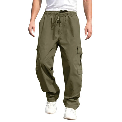 Men Loose Cargo Pants Summer Male High Elastic Waist Zip Pocket Straight Full Trousers BFDZ-A717