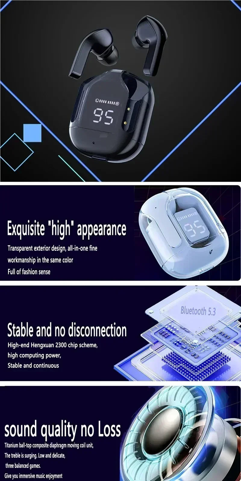 T2 Tws Wireless Bluetooth Headset Transparent Headphones ENC Power Digital Display Stereo Sound Earphones for All Smartphones