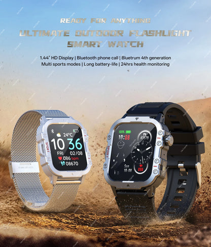 2026 Rugged Military Smart Watch Men's Outdoor Watch LED Flashlight 2.01'' HD Touch Screen Voice Bluetooth Call Smartwatch Gifts