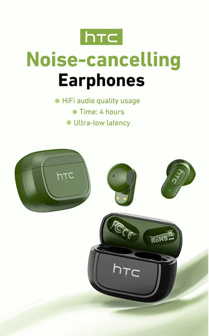HTC NE51 Bluetooth Earphones TWS Mini EarBuds Sports Wireless Headphones Smart Noise Reduction Earbuds Green Black